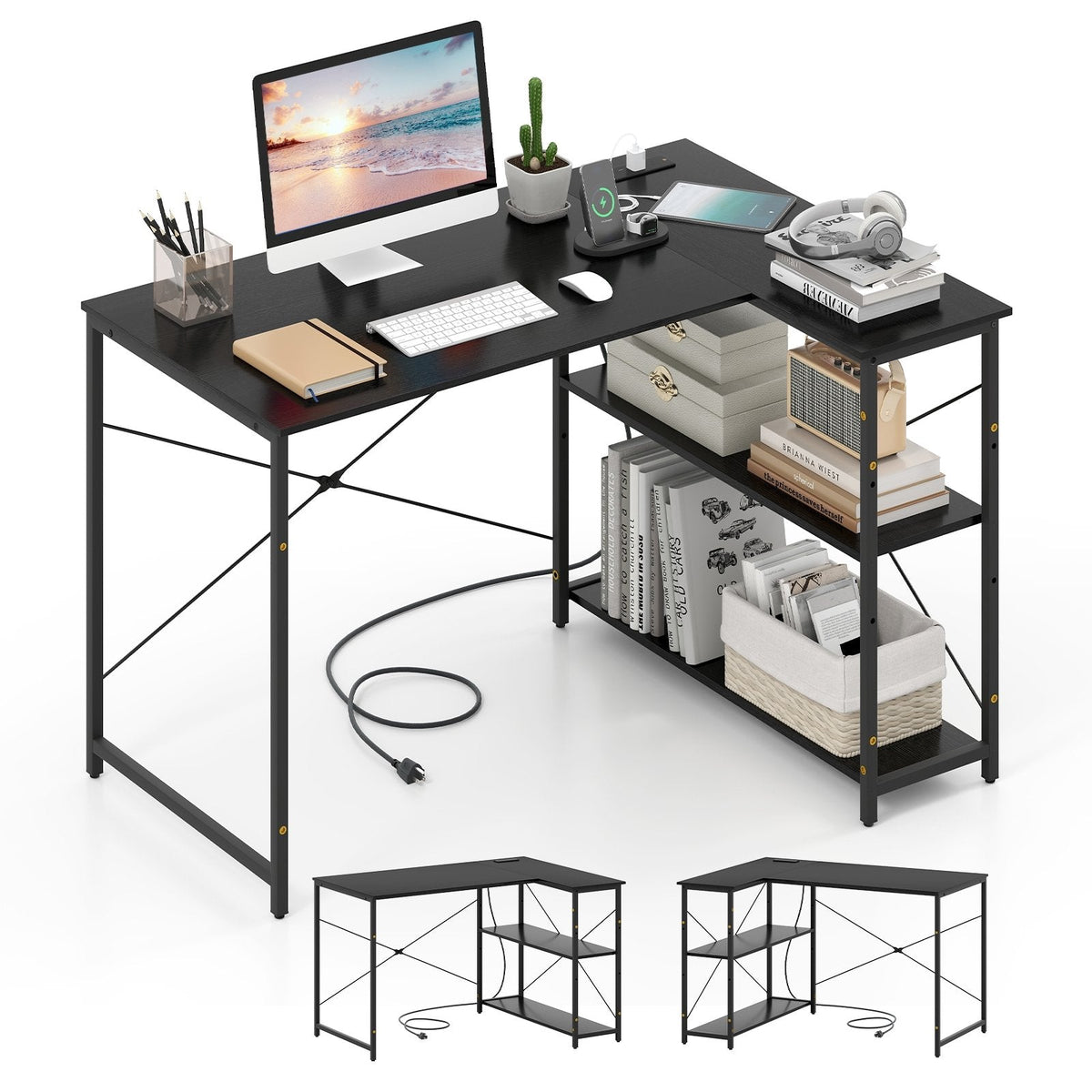 L-shaped 47 Inch Reversible Corner Desk with Adjustable Storage Shelves-Black