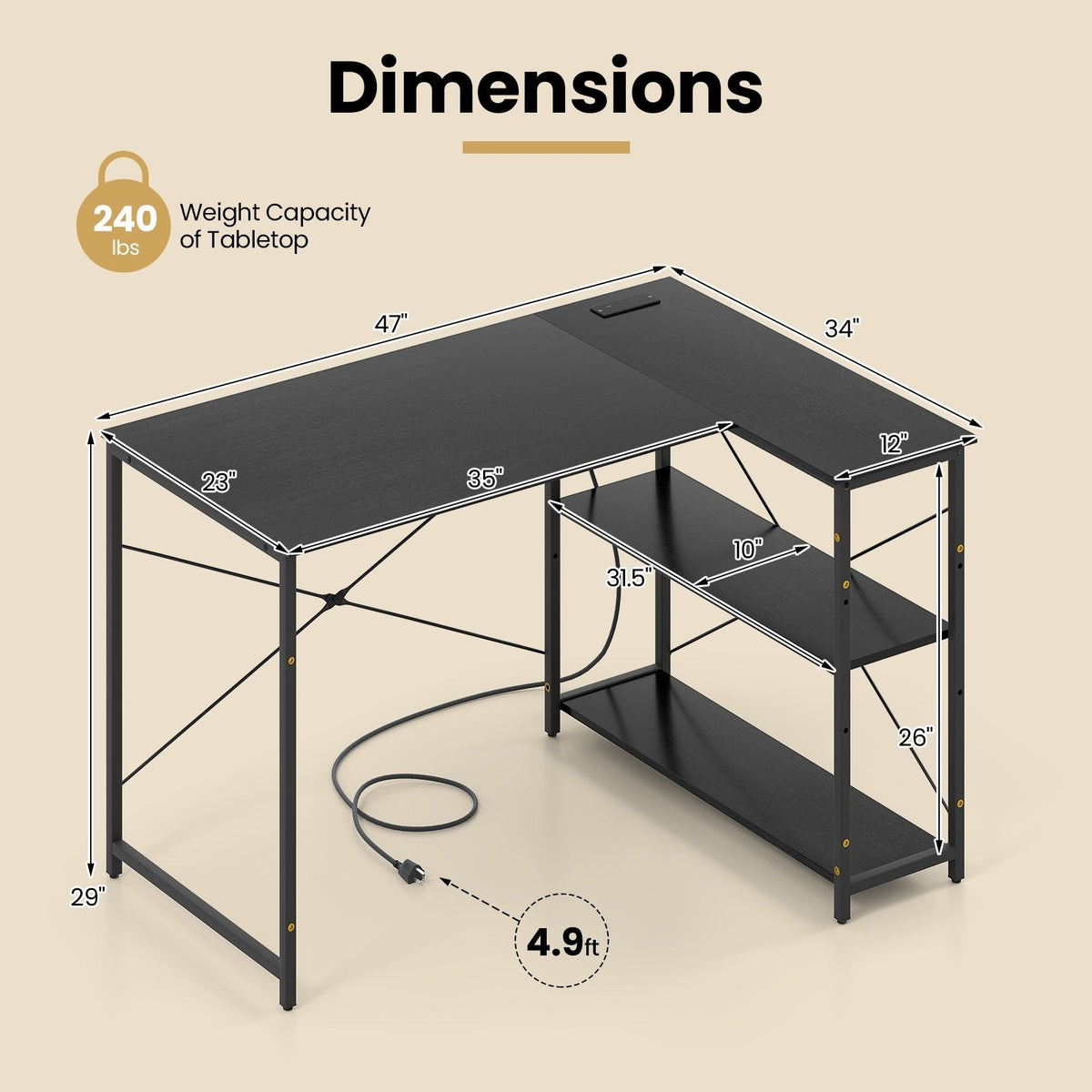 L-shaped 47 Inch Reversible Corner Desk with Adjustable Storage Shelves-Black