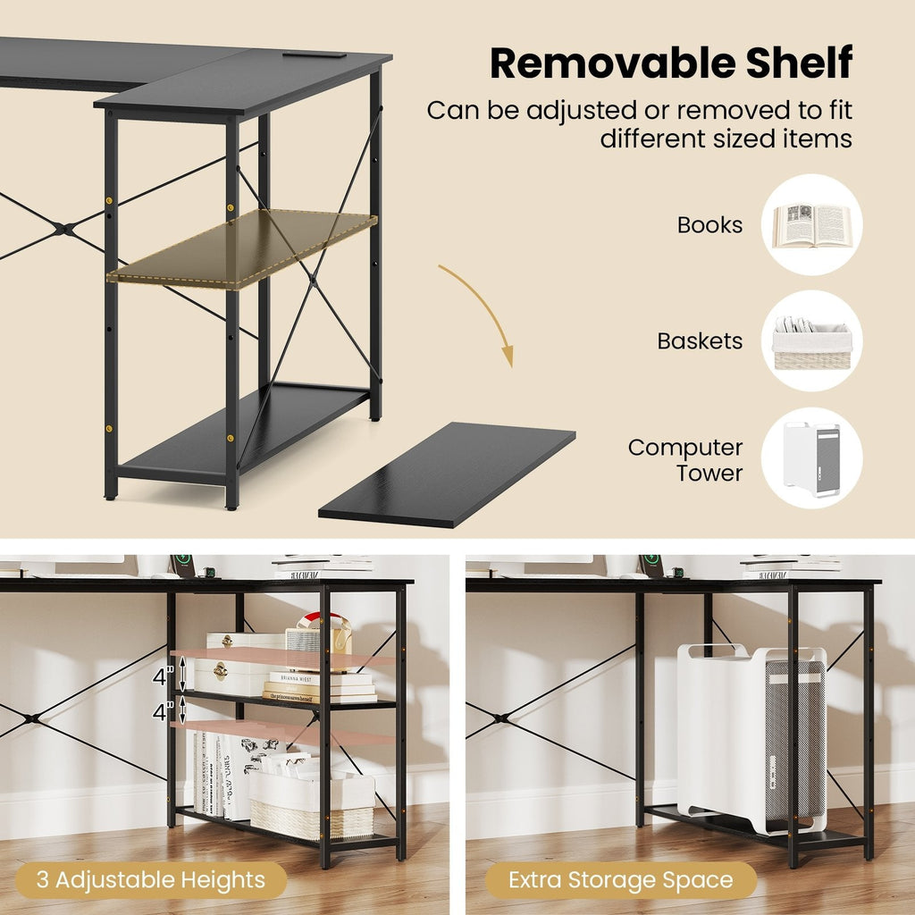 L-shaped 47 Inch Reversible Corner Desk with Adjustable Storage Shelves-Black