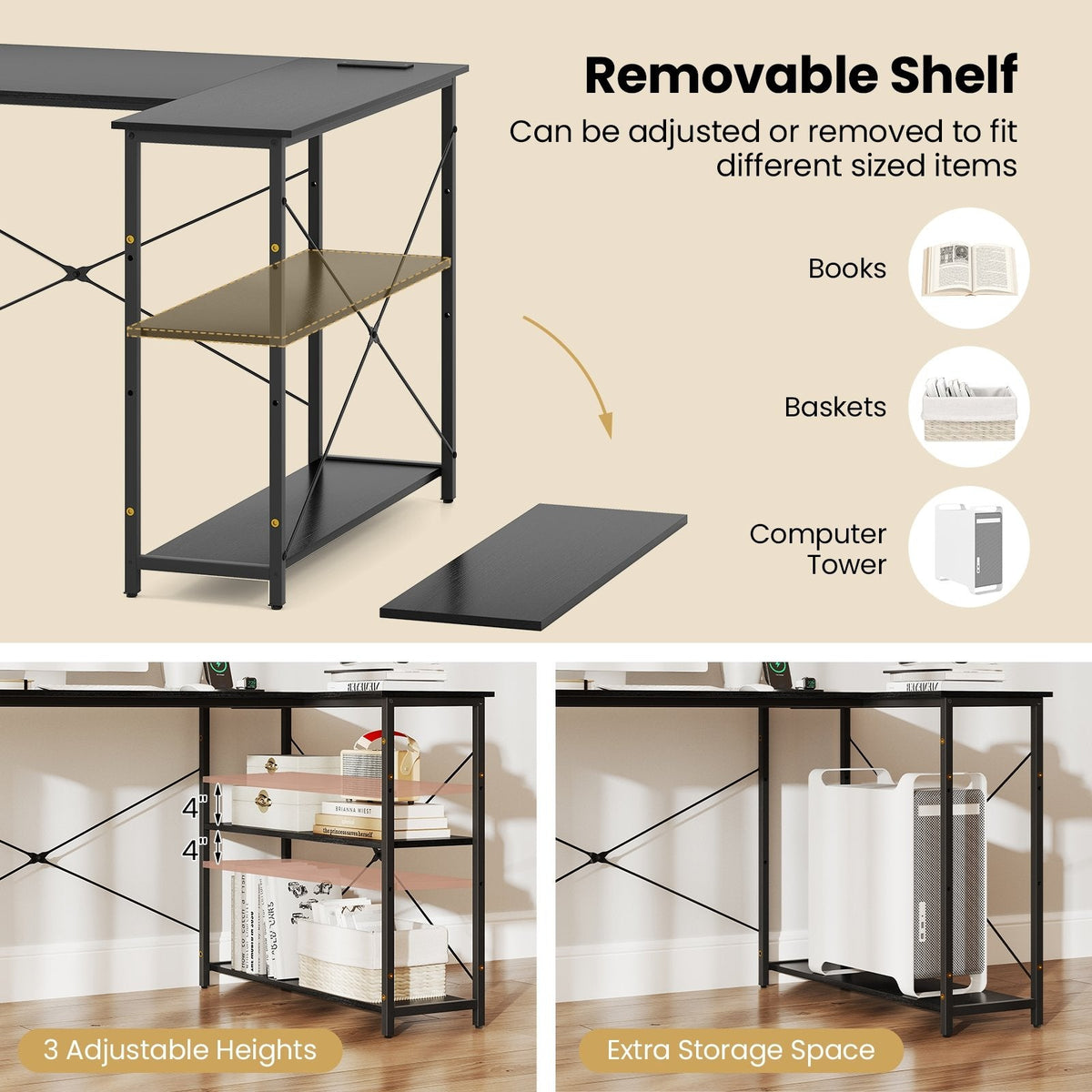 L-shaped 47 Inch Reversible Corner Desk with Adjustable Storage Shelves-Black