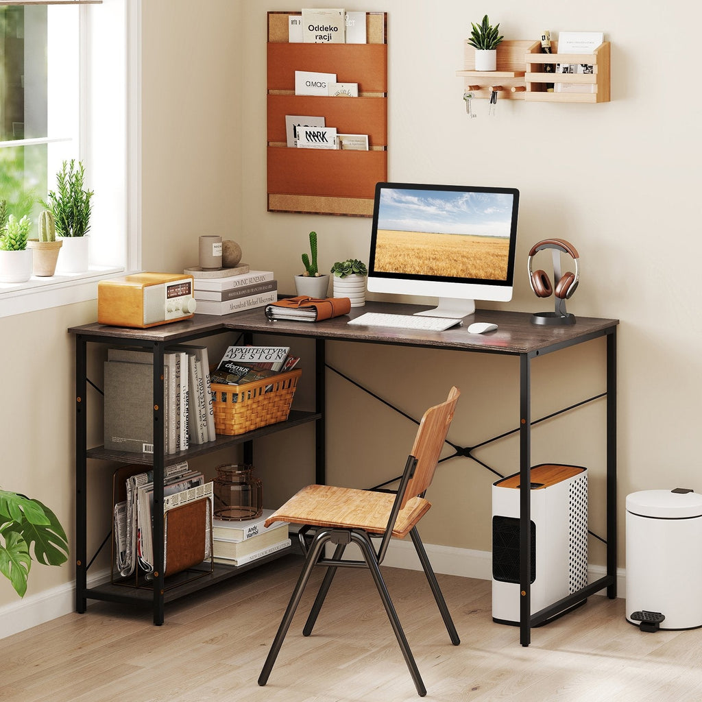 L-shaped 47 Inch Reversible Corner Desk with Adjustable Storage Shelves-Gray