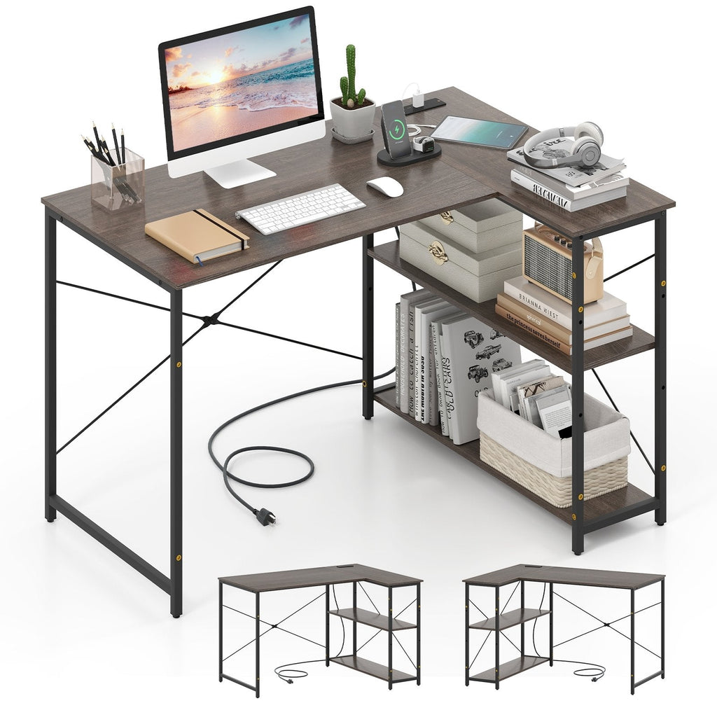 L-shaped 47 Inch Reversible Corner Desk with Adjustable Storage Shelves-Gray