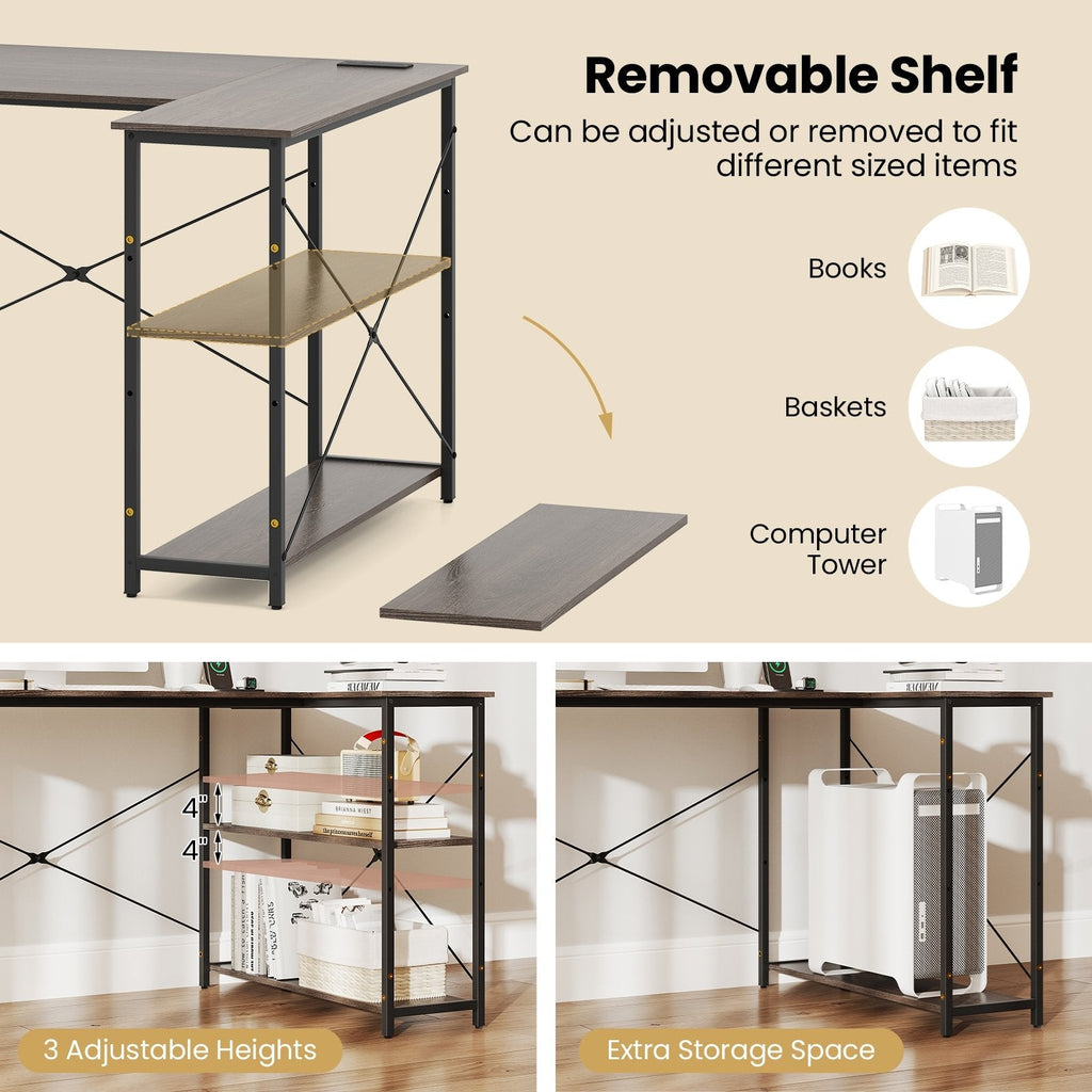 L-shaped 47 Inch Reversible Corner Desk with Adjustable Storage Shelves-Gray