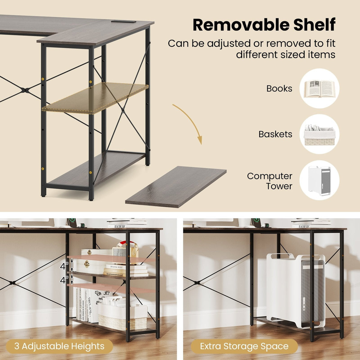L-shaped 47 Inch Reversible Corner Desk with Adjustable Storage Shelves-Gray