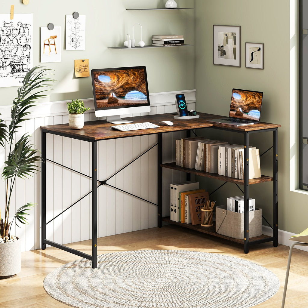 L-shaped 47 Inch Reversible Corner Desk with Adjustable Storage Shelves-Rustic Brown