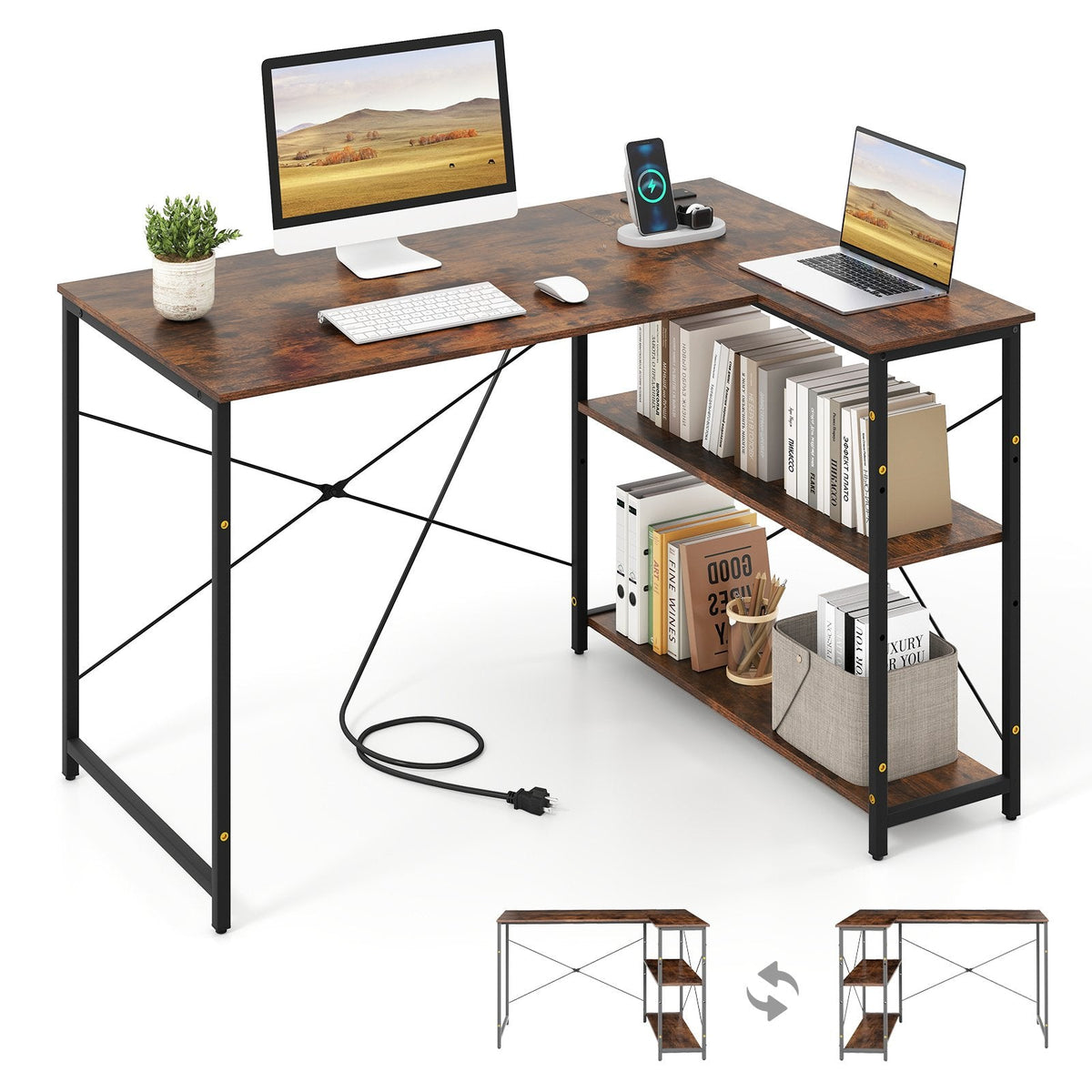 L-shaped 47 Inch Reversible Corner Desk with Adjustable Storage Shelves-Rustic Brown