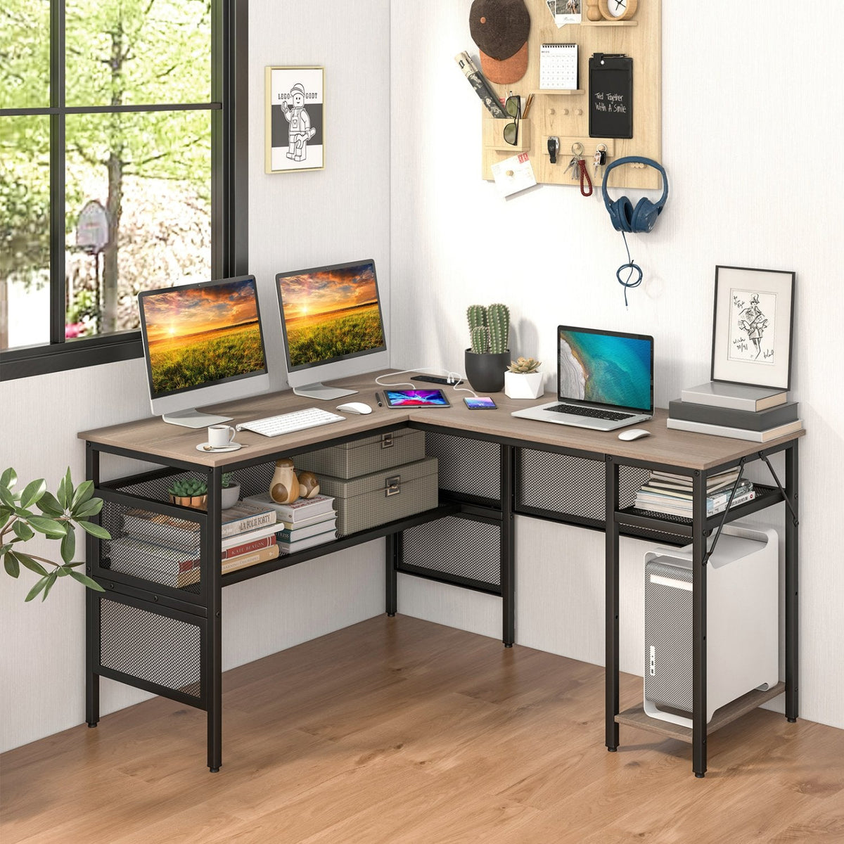 L-Shaped Computer Desk with Charging Station and Adjustable Shelf-Gray