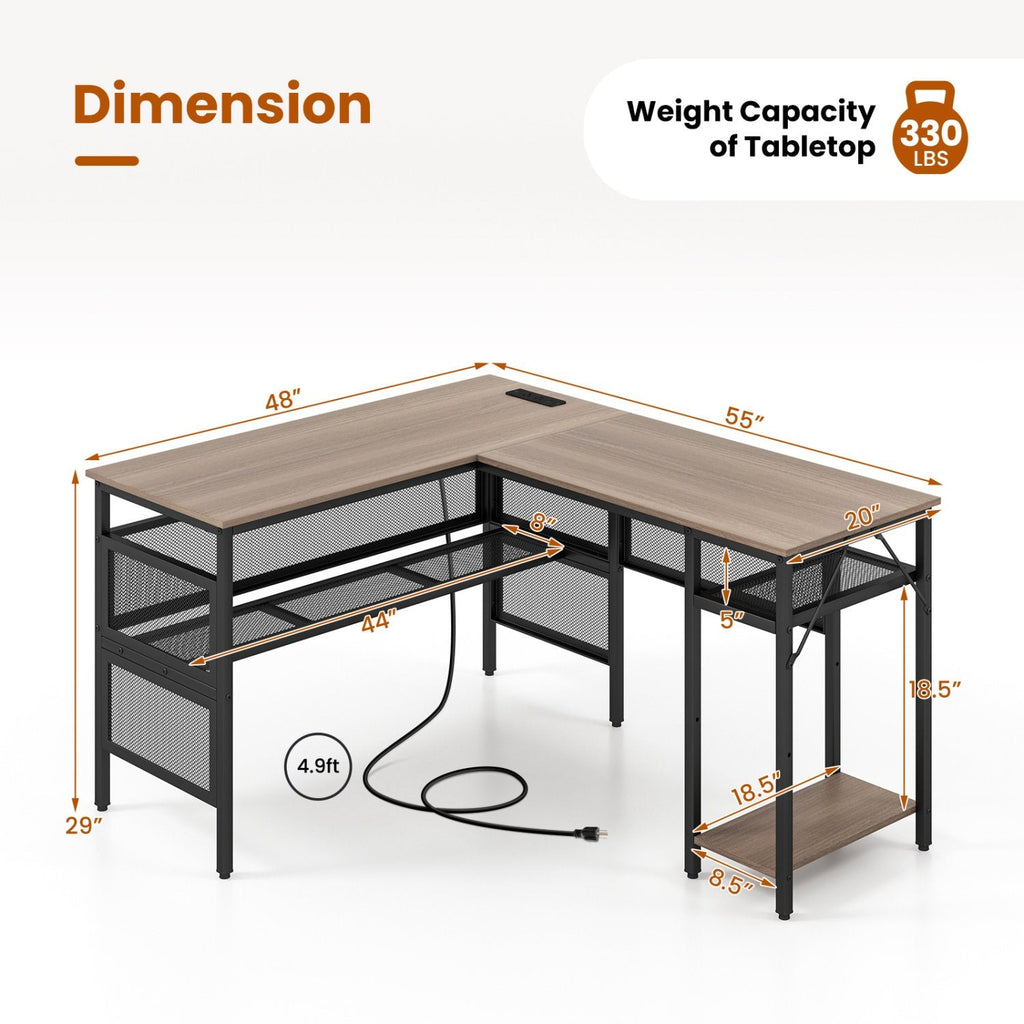 L-Shaped Computer Desk with Charging Station and Adjustable Shelf-Gray