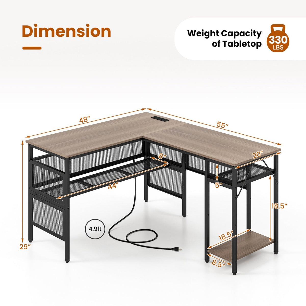 L-Shaped Computer Desk with Charging Station and Adjustable Shelf-Gray