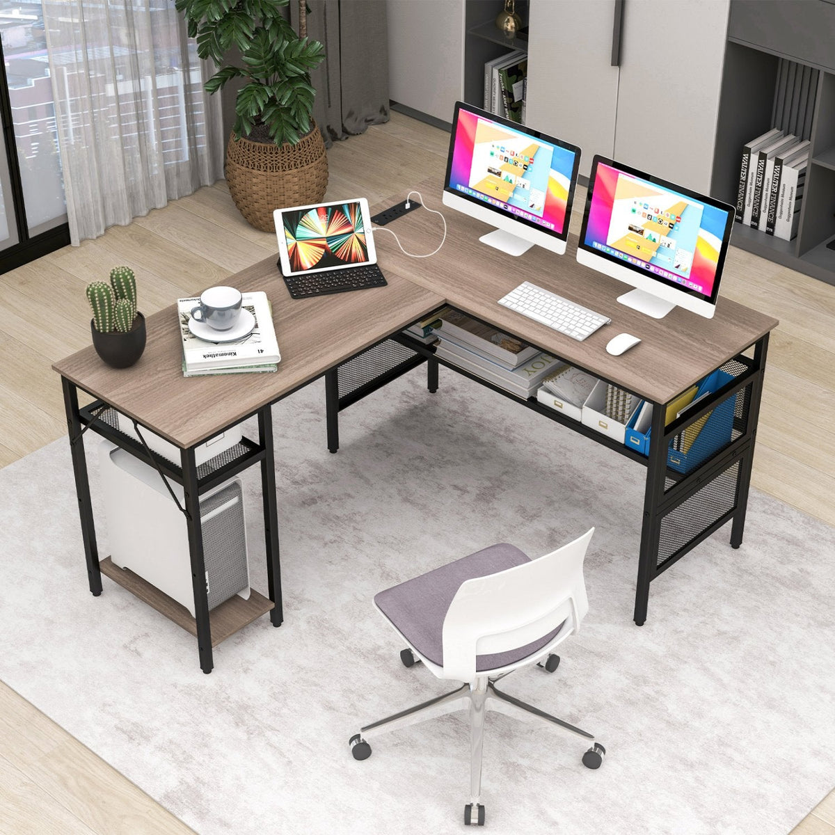 L-Shaped Computer Desk with Charging Station and Adjustable Shelf-Gray