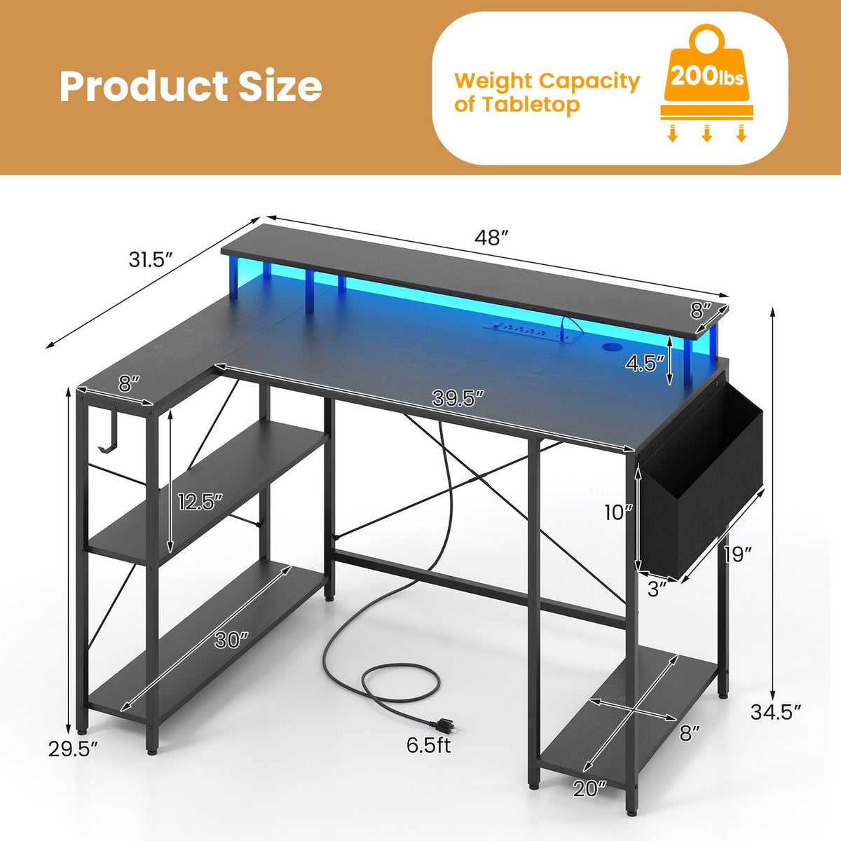 L-Shaped Gaming Desk with LED Lights and Power Outlets-Black