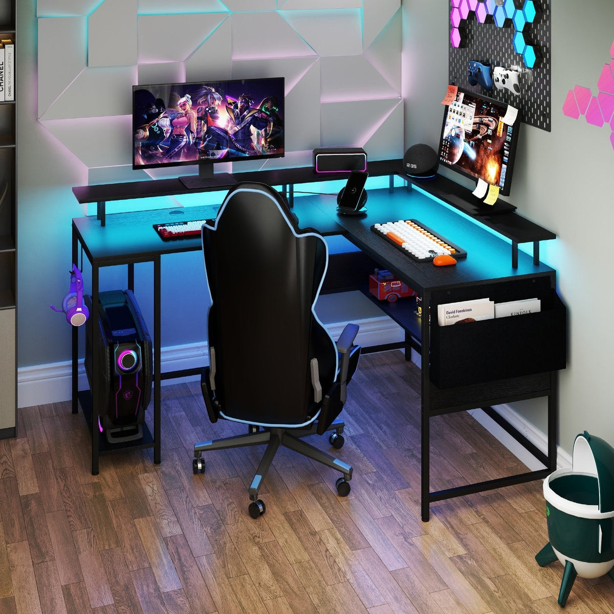 L-Shaped Gaming Desk with LED Lights and Power Outlets Home Office Computer Desk-Black