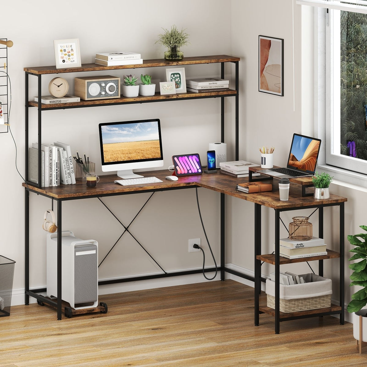 L-Shaped Reversible Gaming Desk with LED Strip and Power Outlets Hutch Monitor Stand-Rustic Brown