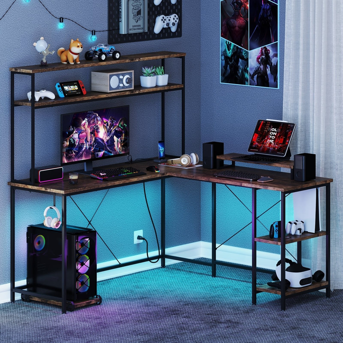 L-Shaped Reversible Gaming Desk with LED Strip and Power Outlets Hutch Monitor Stand-Rustic Brown