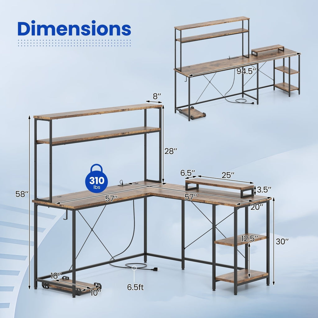 L-Shaped Reversible Gaming Desk with LED Strip and Power Outlets Hutch Monitor Stand-Rustic Brown