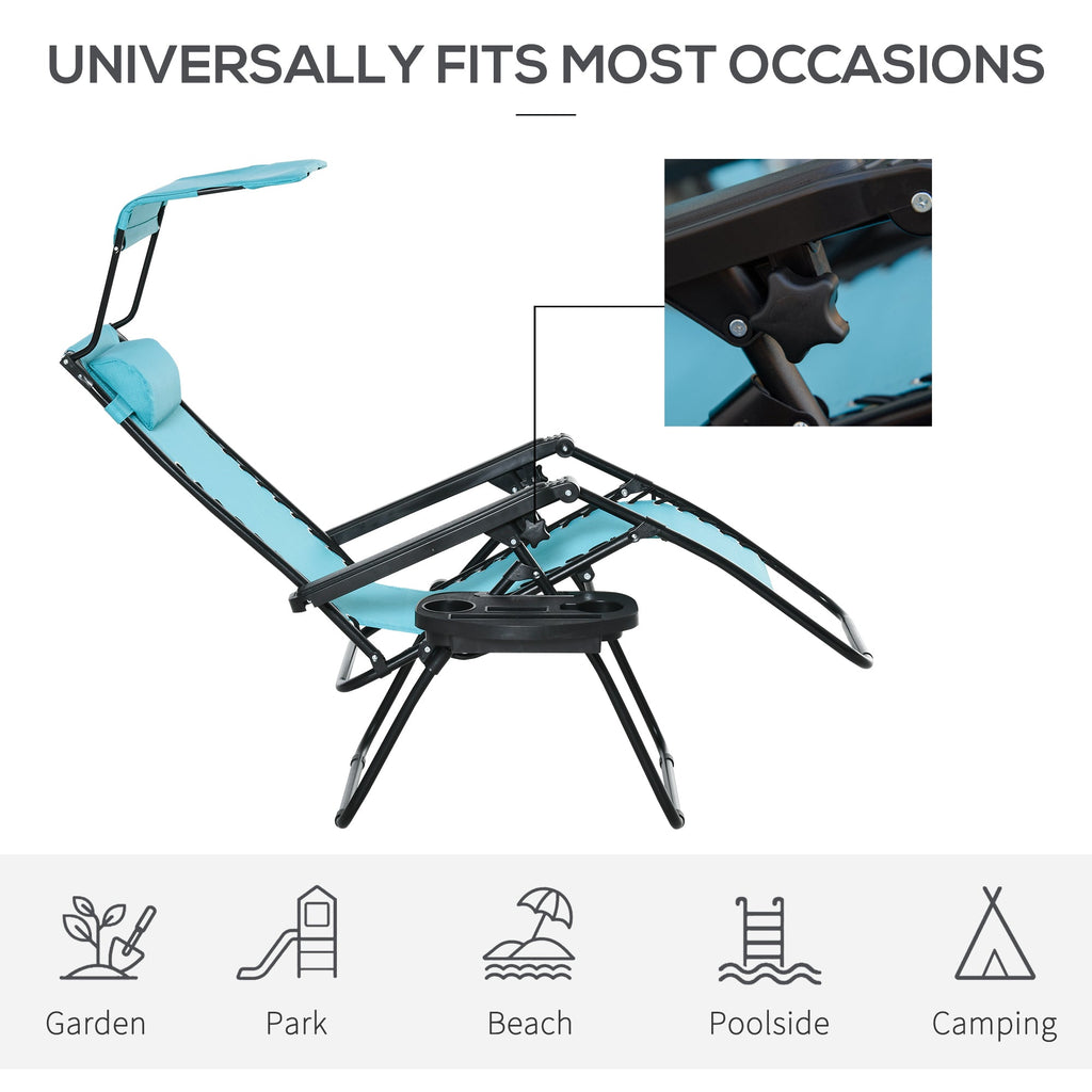 2 Piece Foldable Lounge Chair with Canopy Shade, Outdoor Zero Gravity Chair w/ Side Tray & Cup Holder, Reclining Lounger w/ Breathable Mesh Fabric Seat, Pillow, Sky Blue