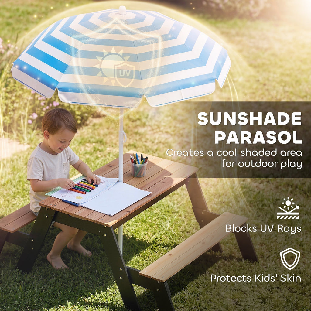 Kids Picnic Table with Umbrella, 3 in 1 Wooden Sand & Water Table with 2 Hidden Play Boxes for Patio, Ages 3-6