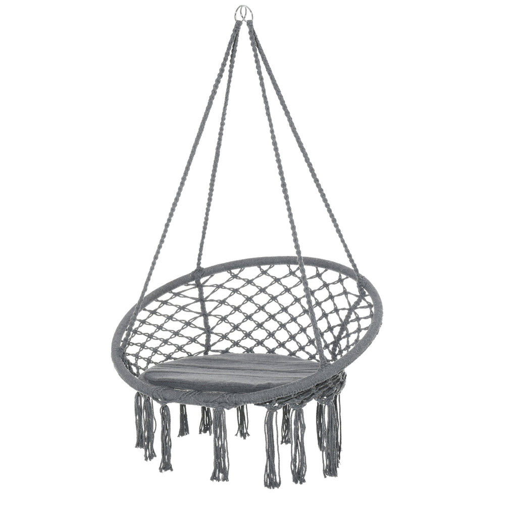 Patio Hammock Chair, Hanging Rope Hammock Swing for Indoor & Outdoor Use with Backrest, Cotton-Polyester Blend, Fringe Tassels, Cream White