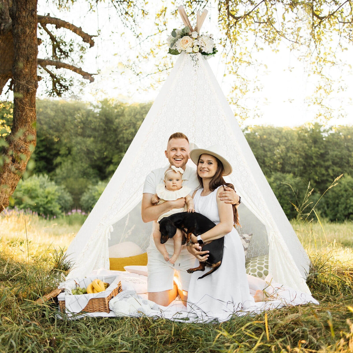 Lace Teepee Tent with Colorful Light Strings for Children