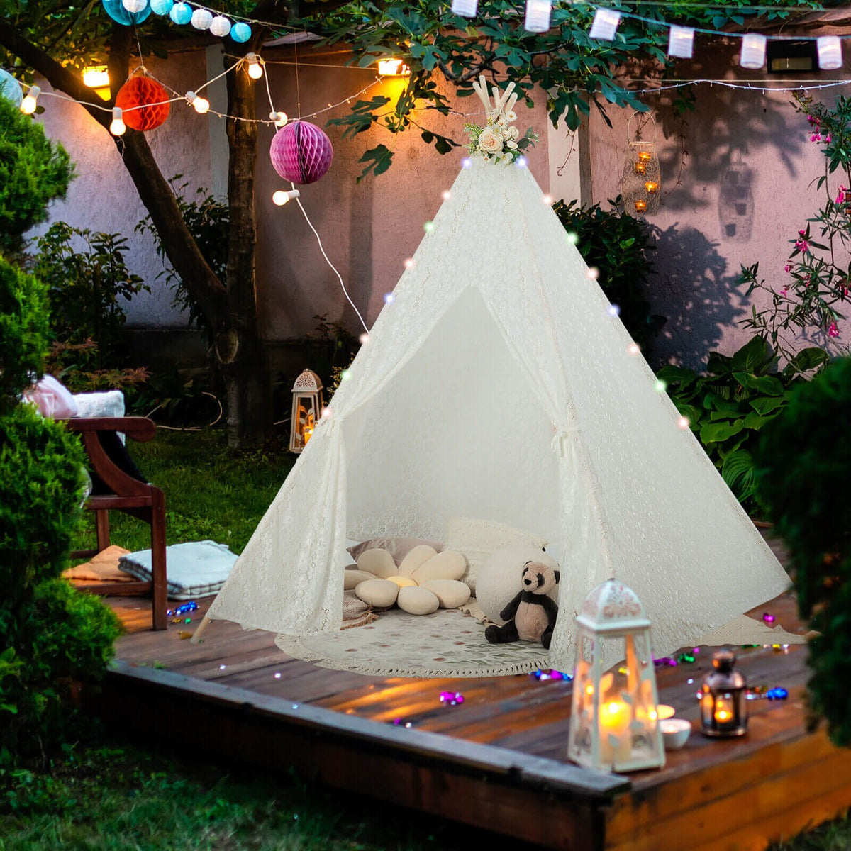 Lace Teepee Tent with Colorful Light Strings for Children