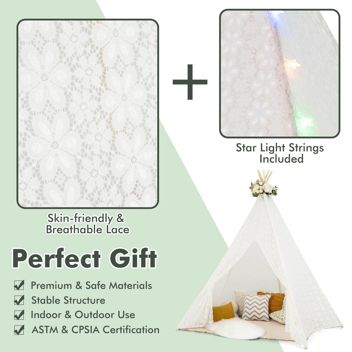 Lace Teepee Tent with Colorful Light Strings for Children