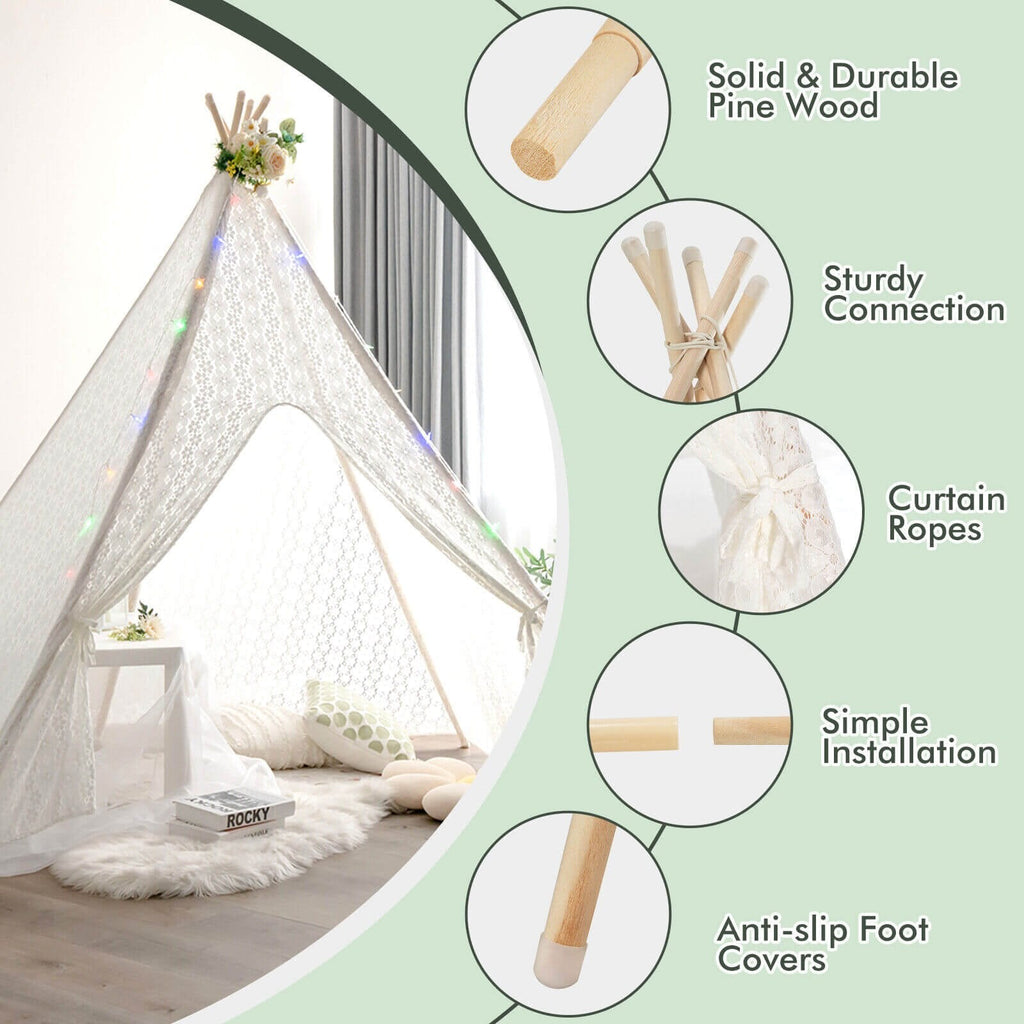 Lace Teepee Tent with Colorful Light Strings for Children