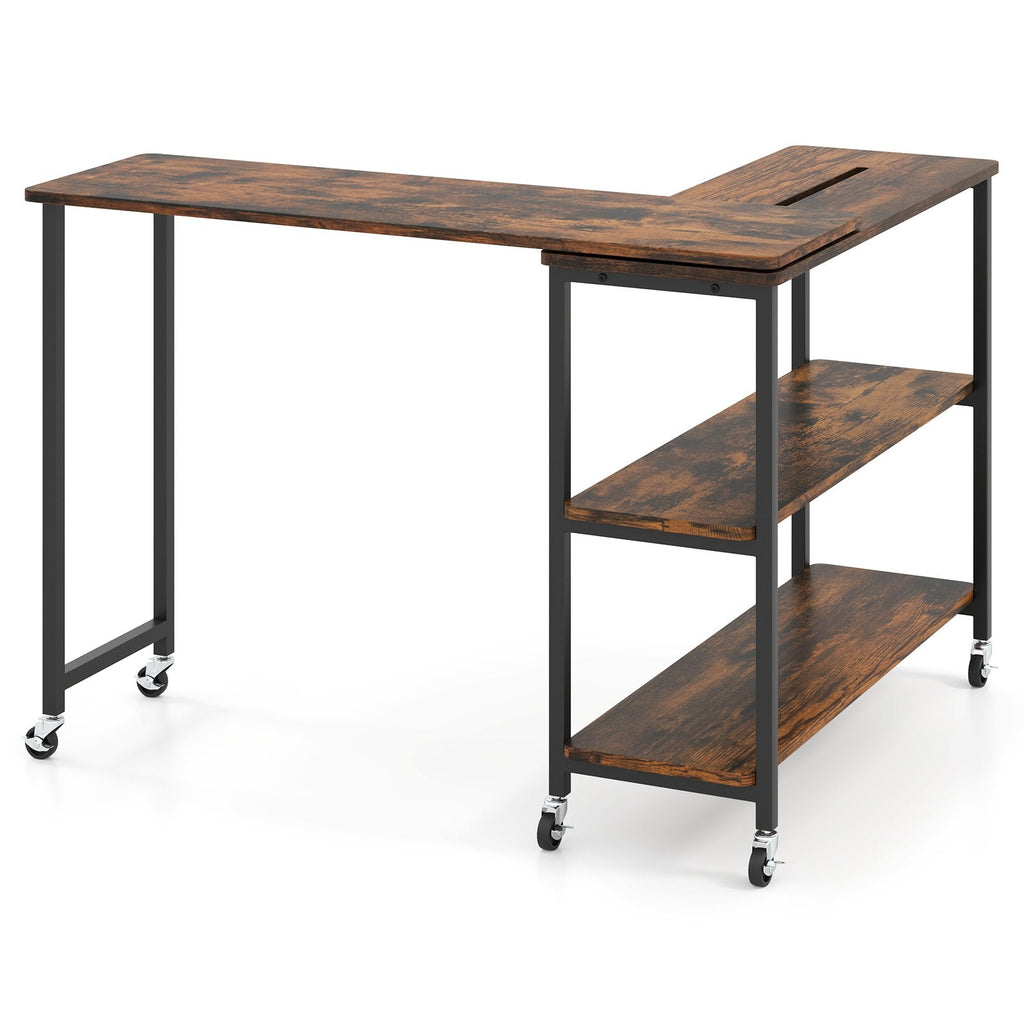 360 Degree Rotating Sofa Side Table on Wheels with Two Storage Shelves
