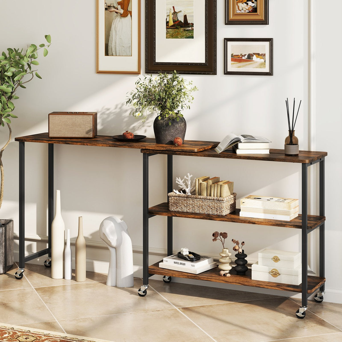 360 Degree Rotating Sofa Side Table on Wheels with Two Storage Shelves
