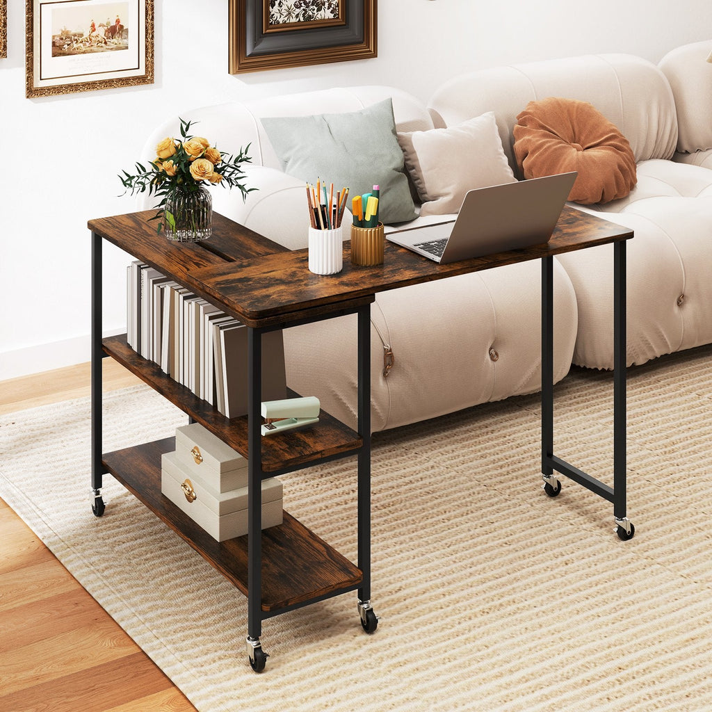 360 Degree Rotating Sofa Side Table on Wheels with Two Storage Shelves