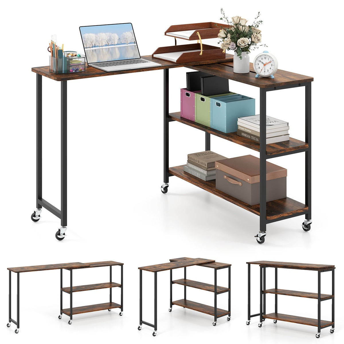 360 Degree Rotating Sofa Side Table on Wheels with Two Storage Shelves