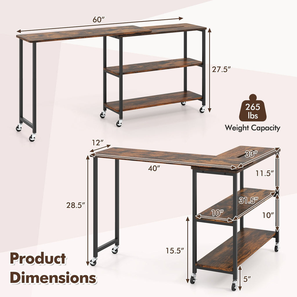 360 Degree Rotating Sofa Side Table on Wheels with Two Storage Shelves