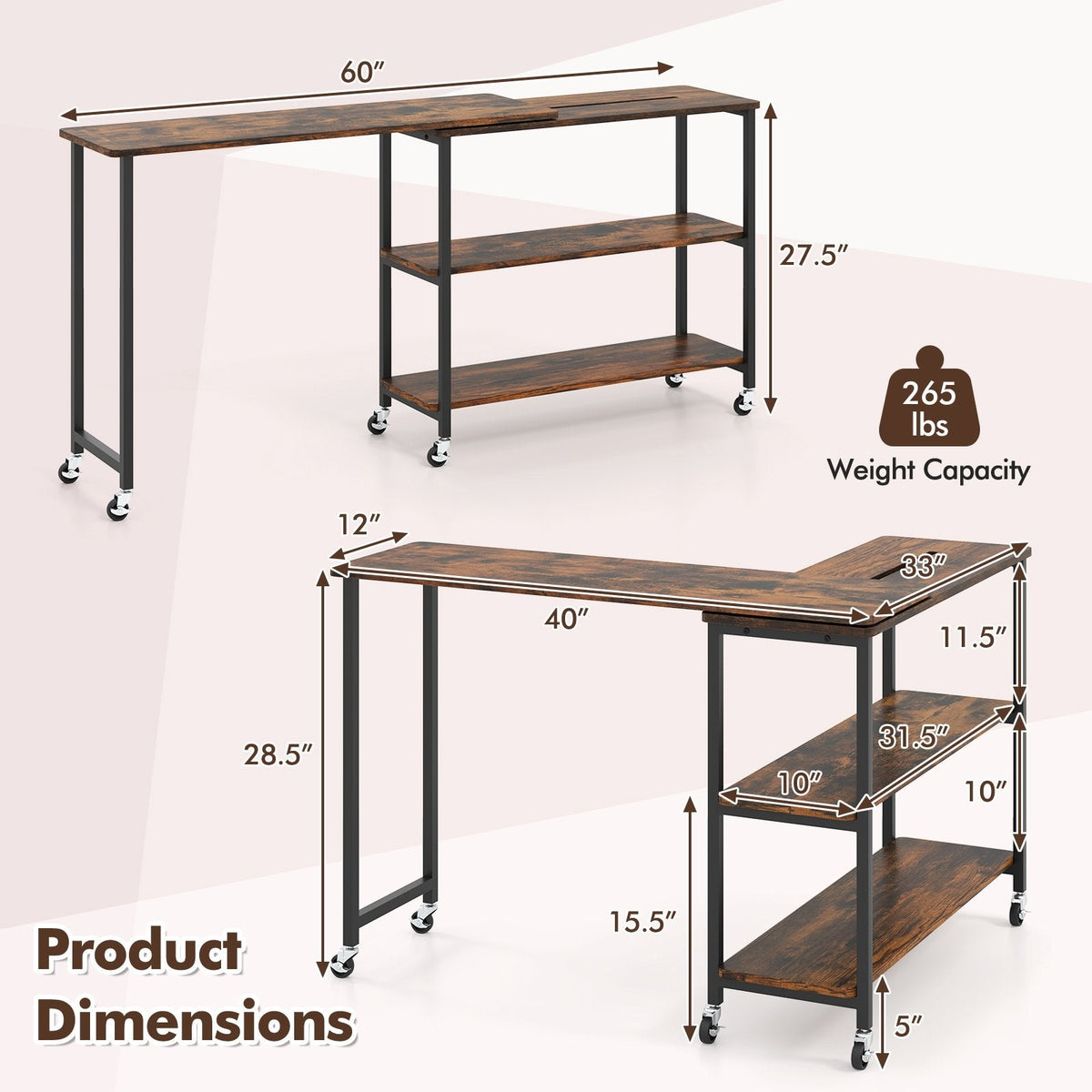 360 Degree Rotating Sofa Side Table on Wheels with Two Storage Shelves