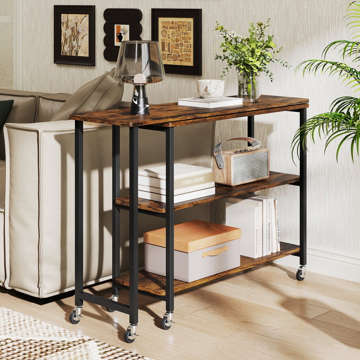 360 Degree Rotating Sofa Side Table on Wheels with Two Storage Shelves