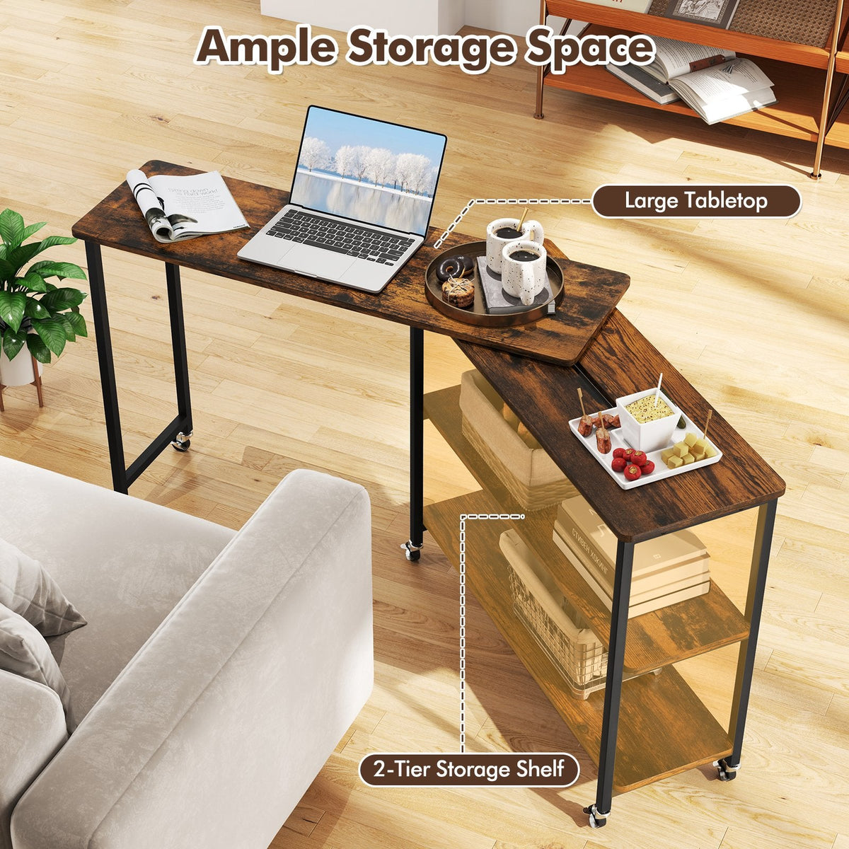 360 Degree Rotating Sofa Side Table on Wheels with Two Storage Shelves