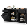 Large Buffet Cabinet Hidden Tilt Out Trash Can Cabinet with 2 Glass Doors-Black