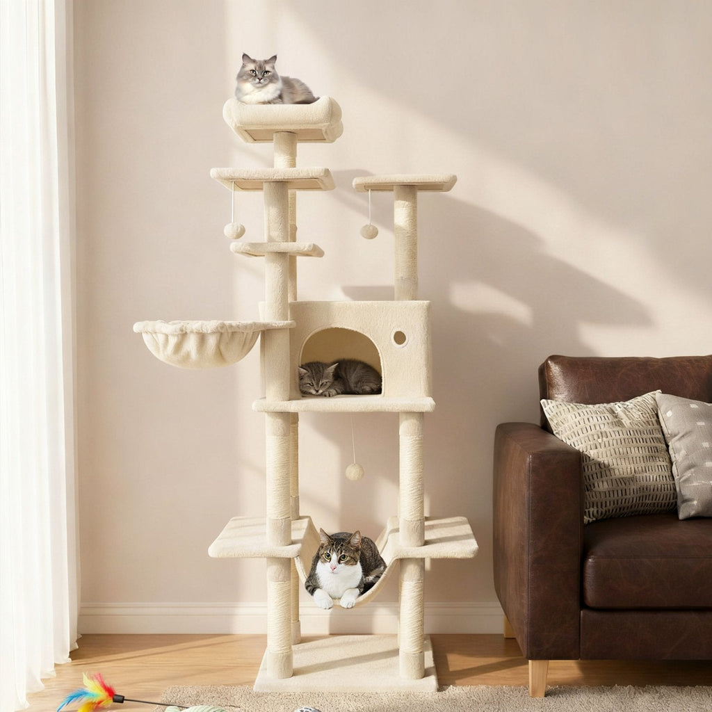 63 Inch Cat Tree with a Window Condo, Turning Basket and a Deep Hammock