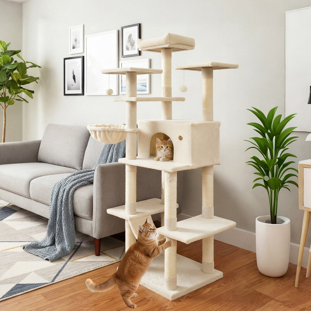 63 Inch Cat Tree with a Window Condo, Turning Basket and a Deep Hammock