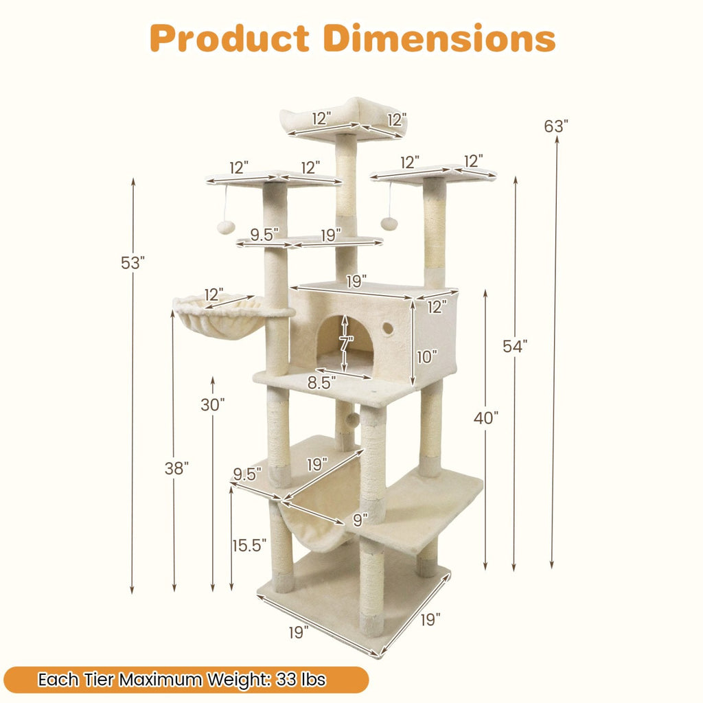 63 Inch Cat Tree with a Window Condo, Turning Basket and a Deep Hammock