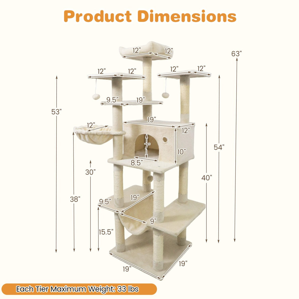 63 Inch Cat Tree with a Window Condo, Turning Basket and a Deep Hammock