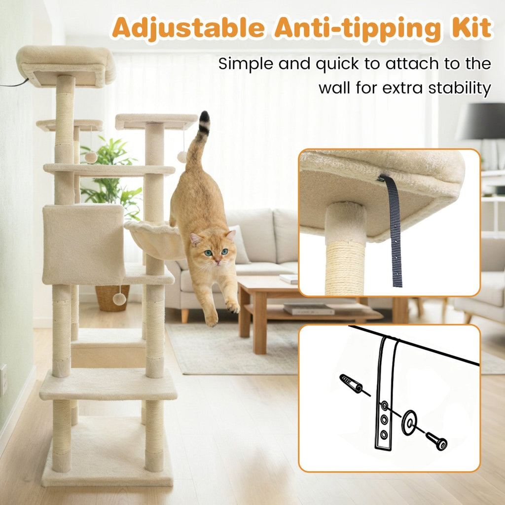 63 Inch Cat Tree with a Window Condo, Turning Basket and a Deep Hammock