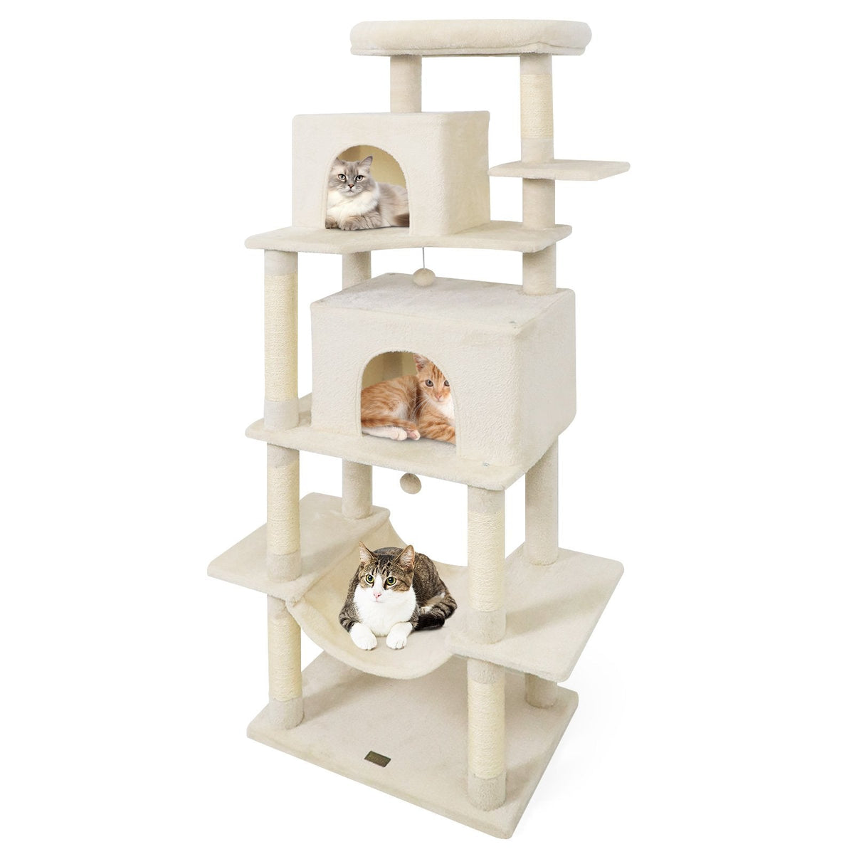 70 Inch Cat Tree with Two Stacked Condos, a Hammock and an Elevated Perch