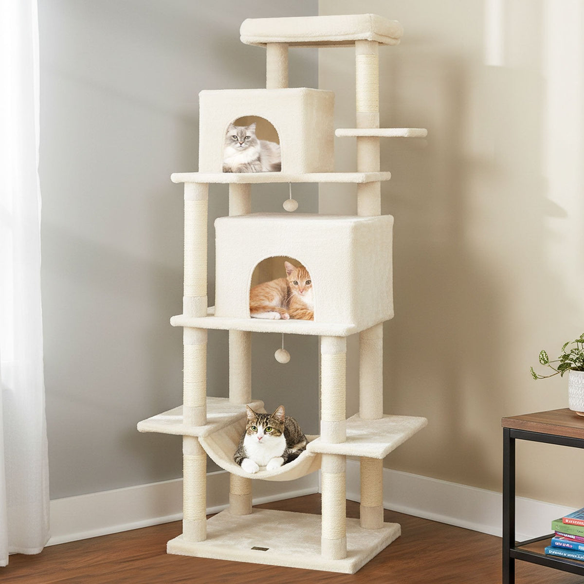 70 Inch Cat Tree with Two Stacked Condos, a Hammock and an Elevated Perch