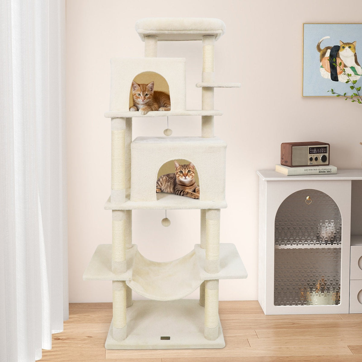 70 Inch Cat Tree with Two Stacked Condos, a Hammock and an Elevated Perch