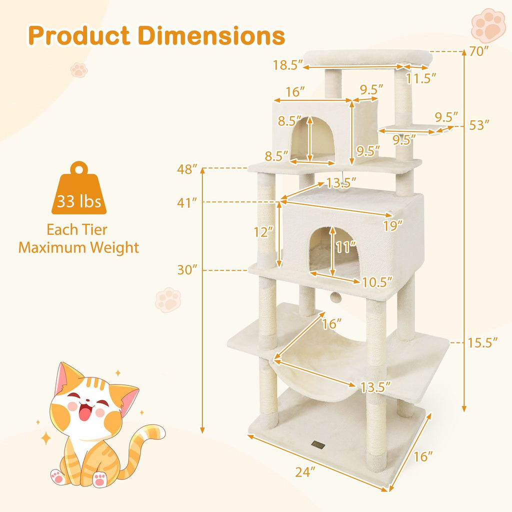 70 Inch Cat Tree with Two Stacked Condos, a Hammock and an Elevated Perch
