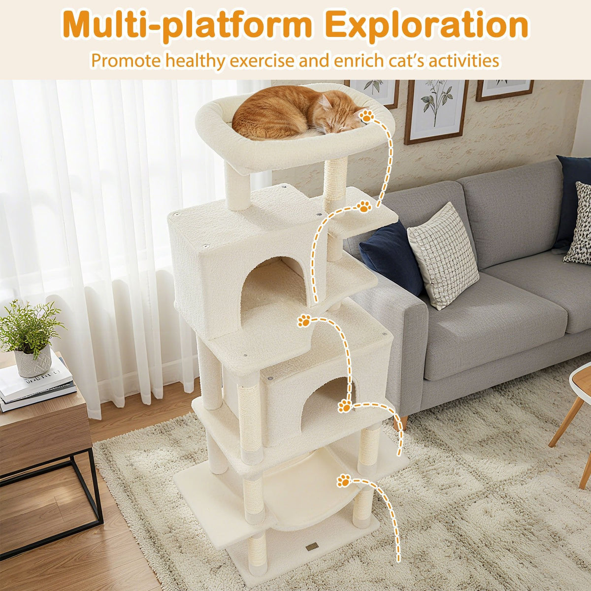 70 Inch Cat Tree with Two Stacked Condos, a Hammock and an Elevated Perch