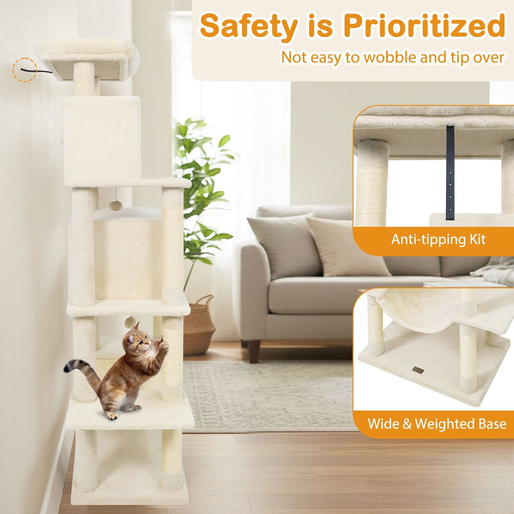 70 Inch Cat Tree with Two Stacked Condos, a Hammock and an Elevated Perch