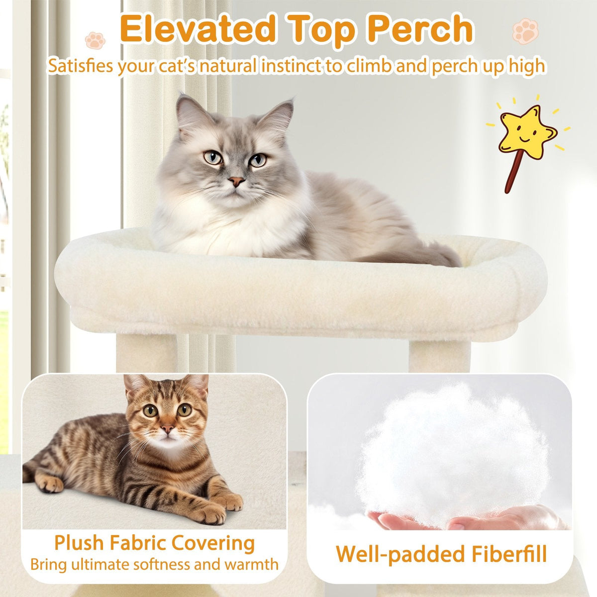 70 Inch Cat Tree with Two Stacked Condos, a Hammock and an Elevated Perch