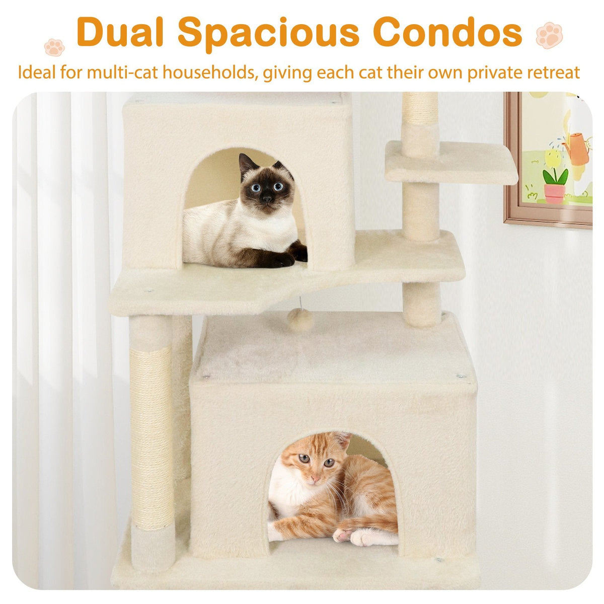 70 Inch Cat Tree with Two Stacked Condos, a Hammock and an Elevated Perch