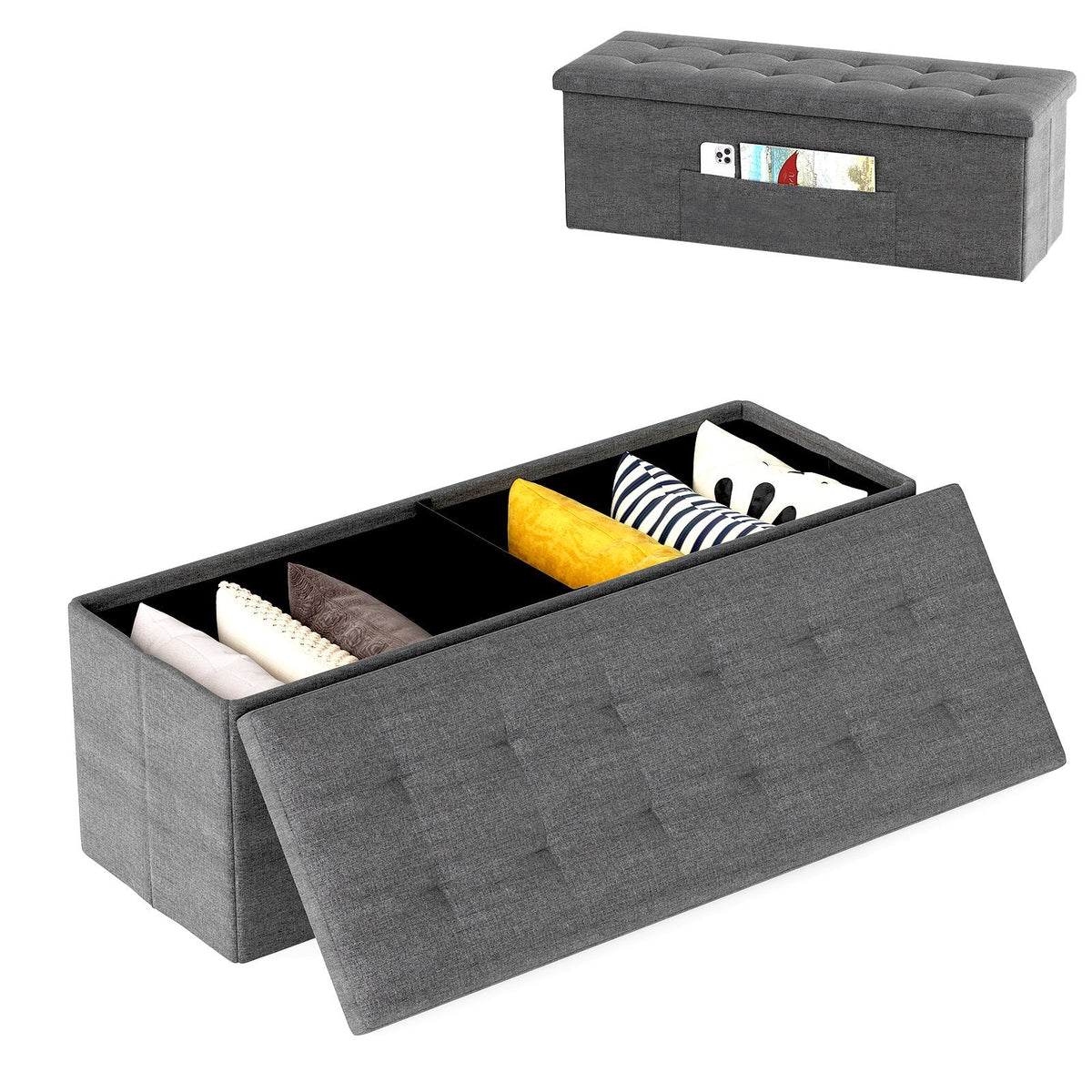 Fabric Folding Storage with Divider Bed End Bench-Dark Gray
