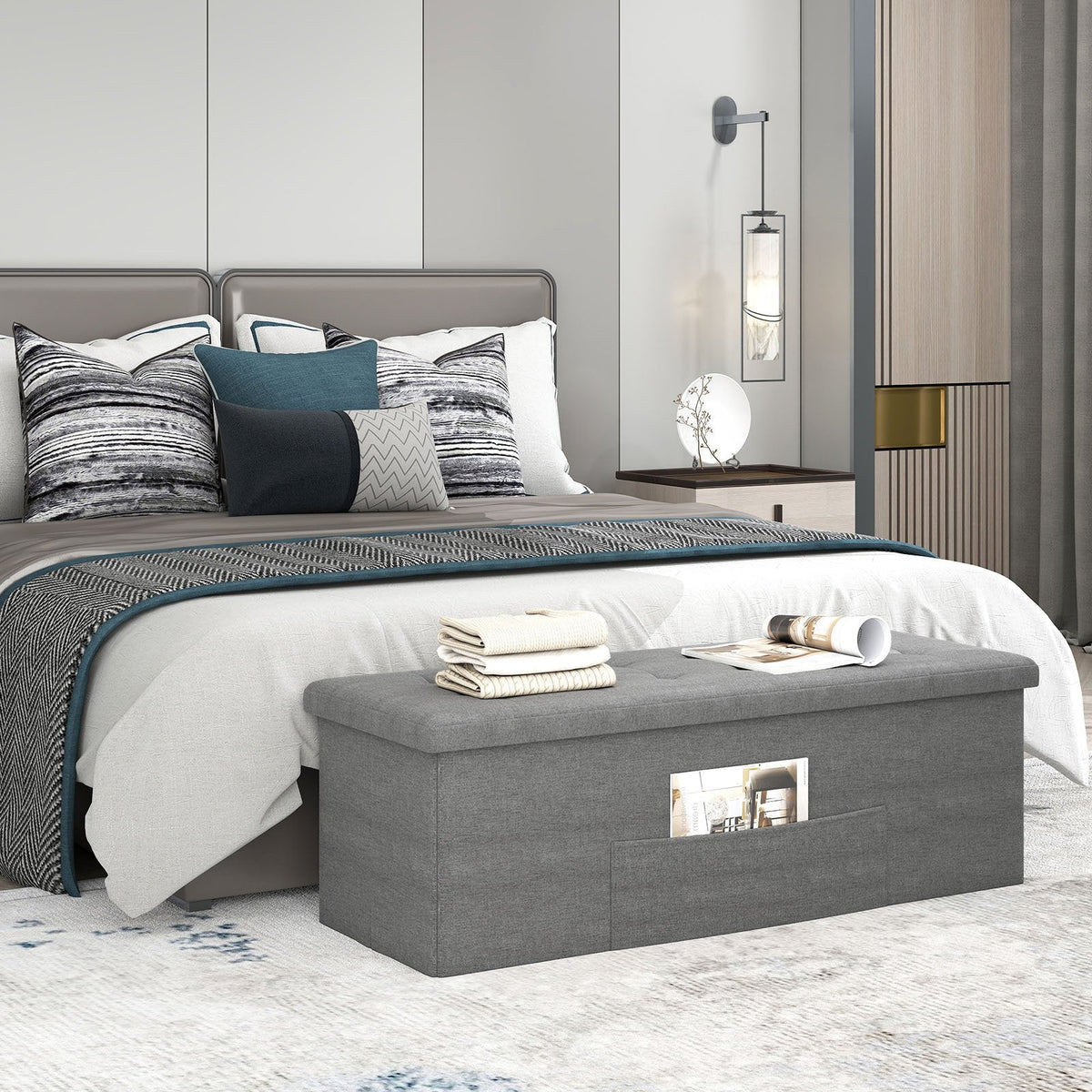 Fabric Folding Storage with Divider Bed End Bench-Dark Gray